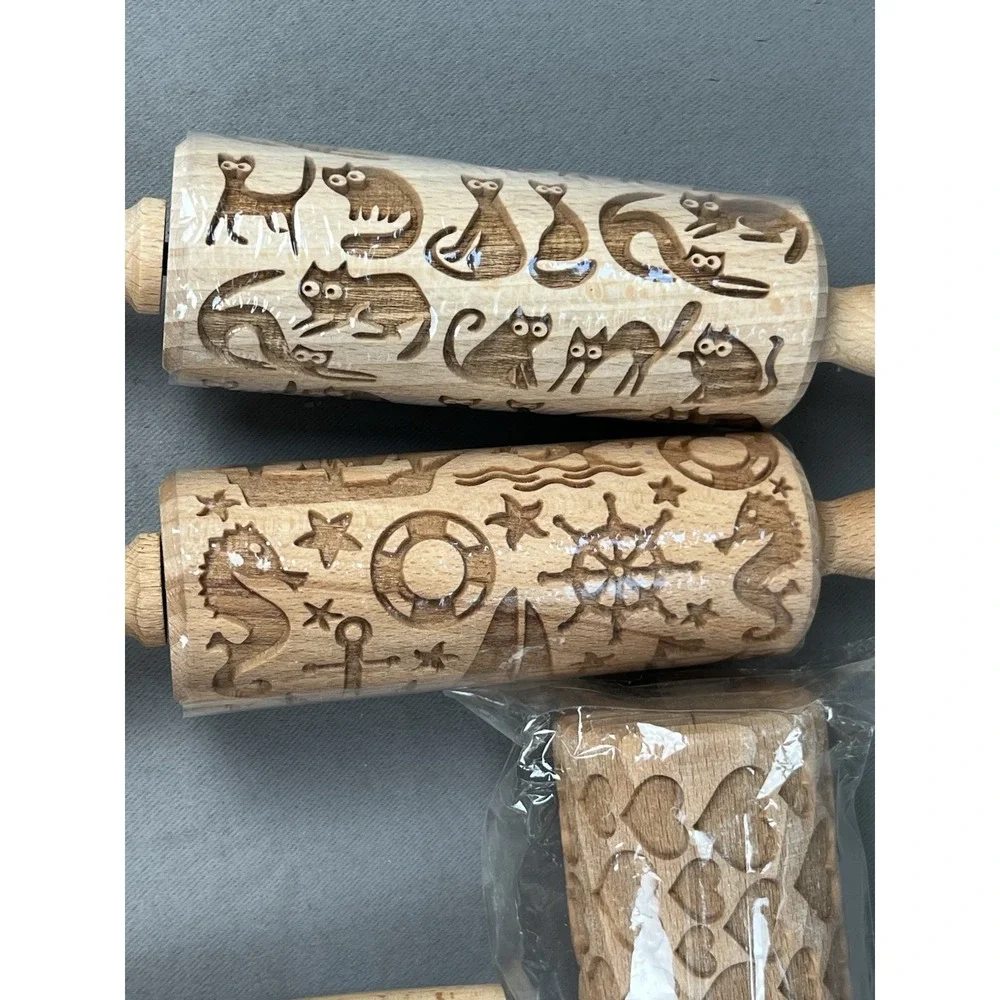 Rolling Pin Cookie Dough Cats, Hearts & Nautical Embossing Wood Folkroll Baking